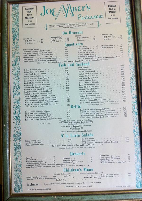 Joe Muers Menu Circa 1970 From Paul (newer photo)